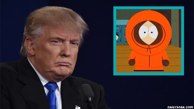 President Donald Trump staring at orange coat wearing Kenny from South Park.