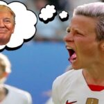 Megan Rapinoe angrily yelling at Donald Trump while playing on soccer field against Sweden.