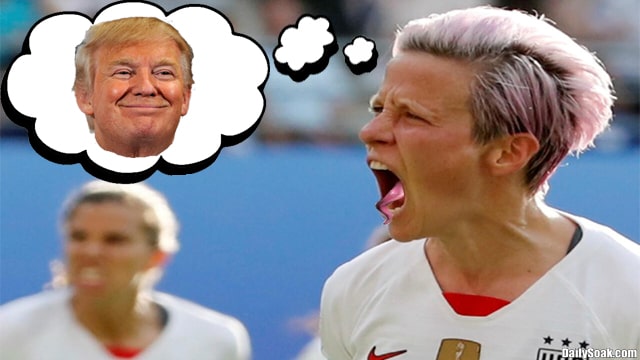Megan Rapinoe angrily yelling at Donald Trump while playing on soccer field against Sweden.