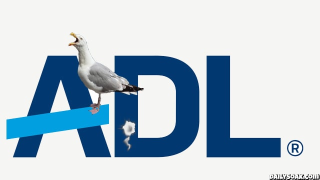 Seagull pooping on top of a blue ADL logo.