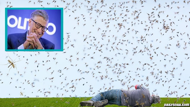 Bill Gates laughing at a man lying on ground getting attacked by swarm of GMO mosquitos.