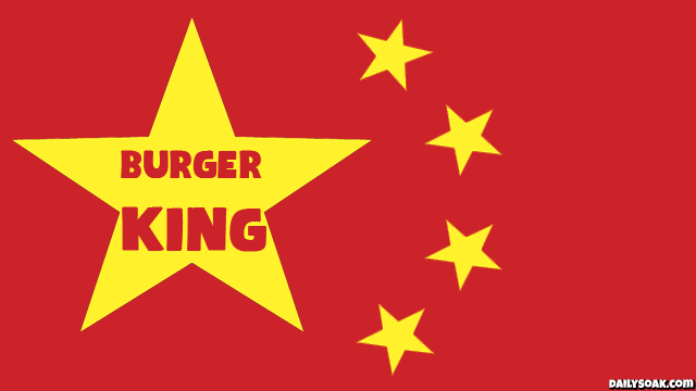 Parody Burger King logo with red and yellow stars similar to flag of China.