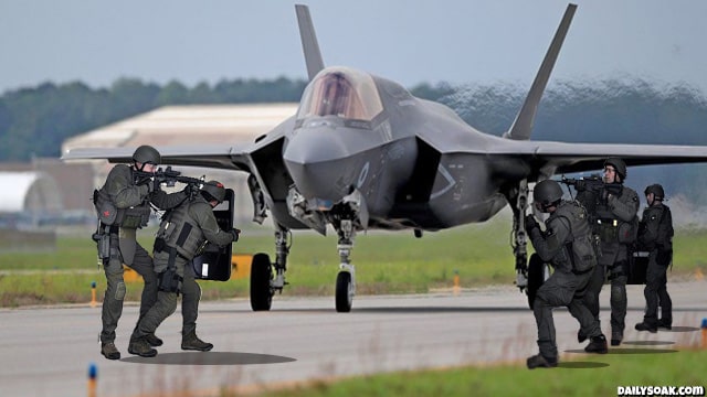 Armed FBI agents surrounding the missing F-35 jet.