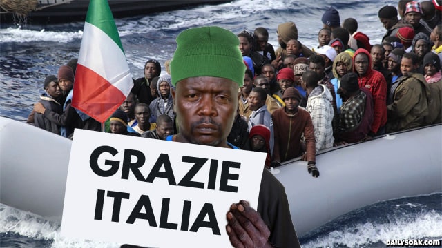 Black African migrants in Italy coming ashore by boat.