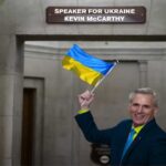 Kevin McCarthy wearing blue and yellow Ukraine clothes during Biden impeachment inquiry.