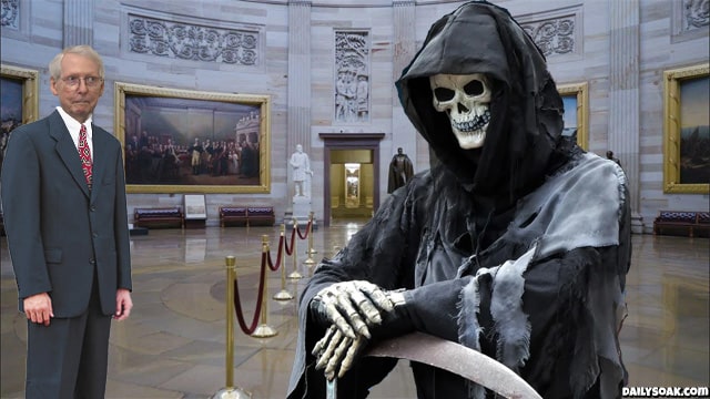 Mitch McConnell staring at black cloaked Grim Reaper inside US Capitol.