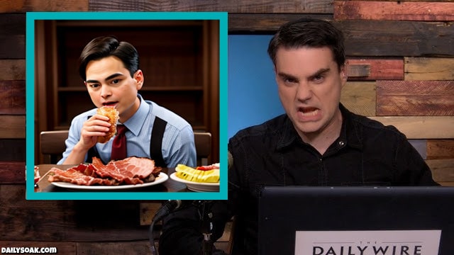 Ben Shapiro angry at AI-generated photo of him eating pork bacon.