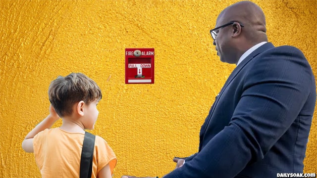 Young white boy showing Democrat Jamaal Bowman how to use a fire alarm.