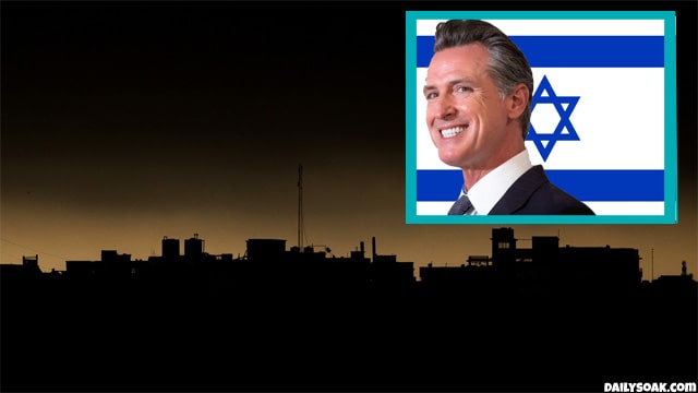 Gavin Newsom looking at dark California city with no electricity.