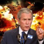 George Bush in front of a fiery war scene yelling.