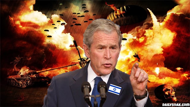 George Bush in front of a fiery war scene yelling.