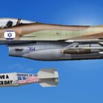 Israeli fighter jet dropping bomb on Gaza, Palestine.