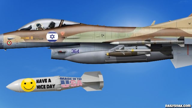 Israeli fighter jet dropping bomb on Gaza, Palestine.