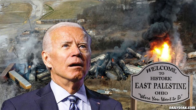 Joe Biden standing in front of East Palestine, Ohio as it burns.