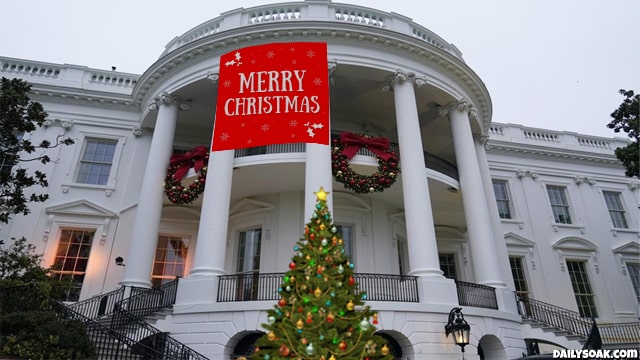 Biden's White House decorated with Christmas decorations.