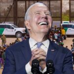 Joe Biden at the southern US border laughing while praying.
