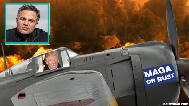 Mark Ruffalo inset over Donald Trump inside of Japanese Kamikaze plane.