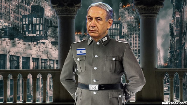 Benjamin Netanyahu standing on balcony as an Israel city is on fire and smoking.