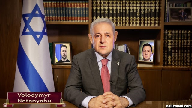 Ukraine President Zelensky dressed like Benjamin Netanyahu sitting in front of Israel flag.