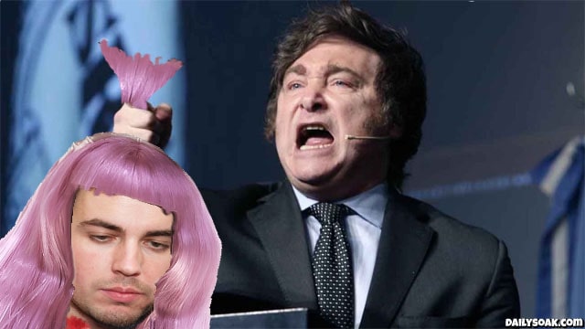 Parody of Argentina President Javier Milei holding up severed head of leftist with pink hair.