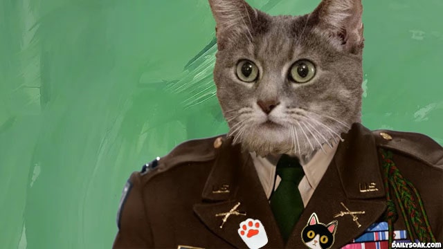 Gray cat dressed up as famous US soldier Audie Murphy.