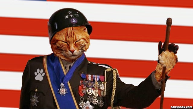 Orange tabby cat dressed as George S. Patton.