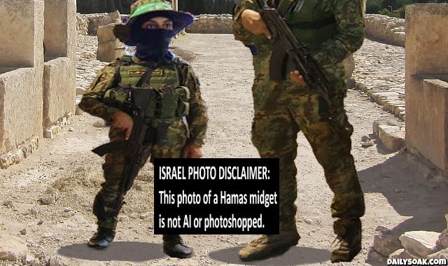 Israeli photo of a Hamas midget wearing green military uniform.