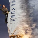 Actor Jared Leto attached to the outside of Elon Musk's SpaceX rocket.