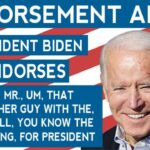 Parody political endorsement with Joe Biden giving Donald Trump a thumb's up.