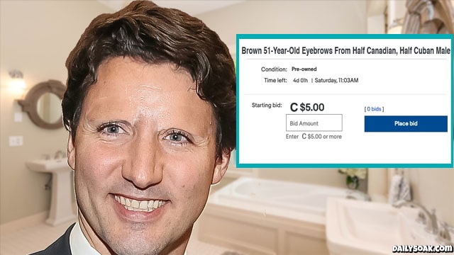 Justin Trudeau with shaved eyebrows inside his bathroom.
