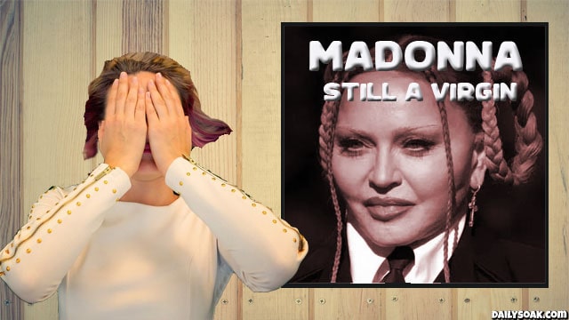 Woman covering her eyes in front of Madonna music album cover.