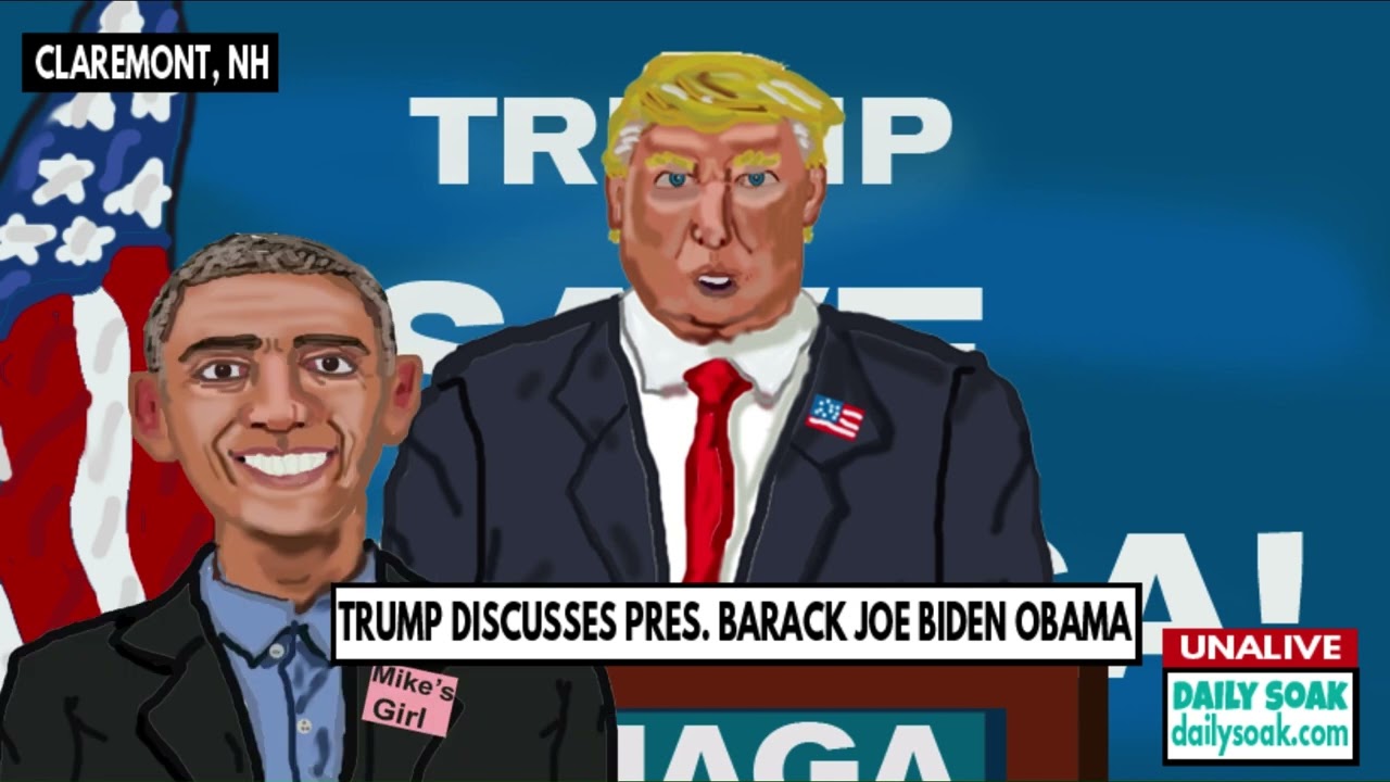Cartoon Donald Trump giving speech at animated rally.