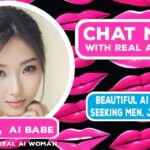 Beautiful Asian woman dating site advertisement with pink lips background.