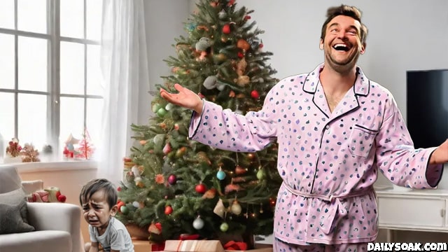 Man laughing while his young son cries in front of Christmas tree.