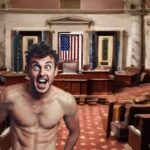 Naked Democrat make staffer walking around US Capitol Senate chamber.