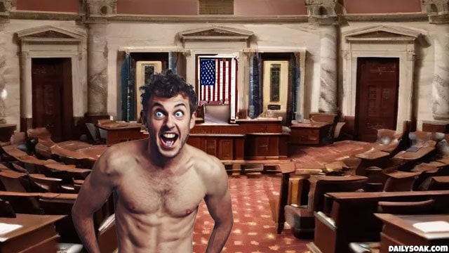 Naked Democrat make staffer walking around US Capitol Senate chamber.
