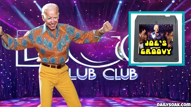 Joe Biden wearing yellow 1970s clothes dancing inside a disco club.