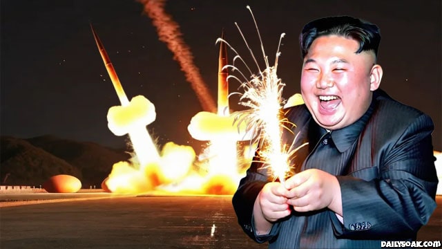 Kim Jong-un laughing while nuclear bombs explode.