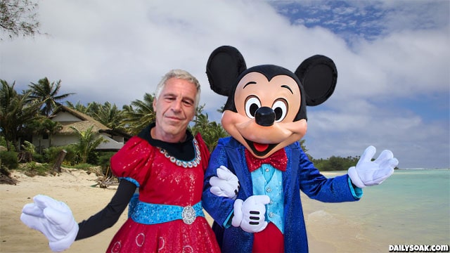 Mickey Mouse and Jeffrey Epstein holding hands on Epstein Island.
