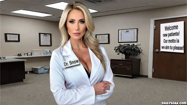 Beautiful blonde female doctor wearing white lab coat inside doctor's office.