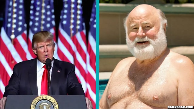 Rob Reiner Wearing a speedo inside pool next to image of Donald Trump at rally.