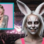 Woman wearing white bunny ears at a Taylor Swift concert.