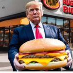 Donald Trump holding a massive cheeseburger standing in front of a fast food restaurant.