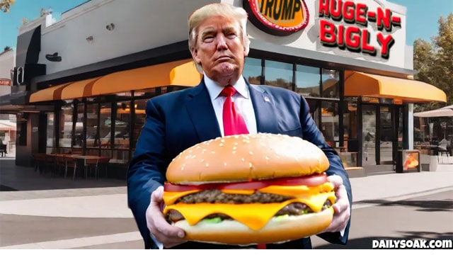 Donald Trump holding a massive cheeseburger standing in front of a fast food restaurant.