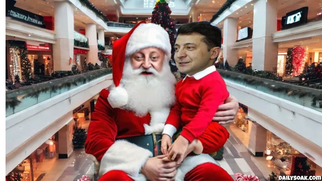 Volodymyr Zelensky sitting on Santa Claus' lap.