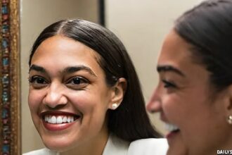 AI AOC smiling as she stares at her own beautiful reflection.