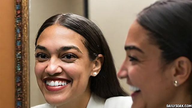 AI AOC smiling as she stares at her own beautiful reflection.