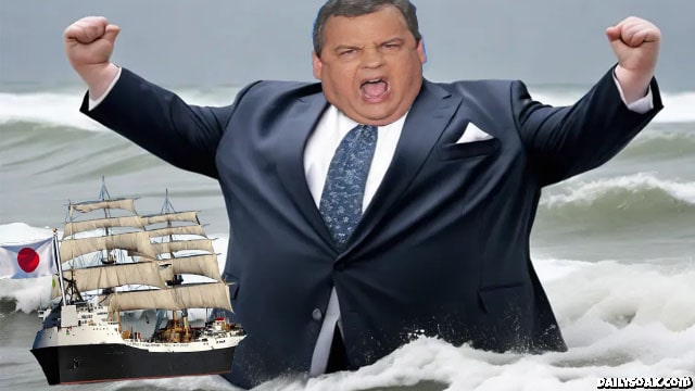 Chris Christie standing in the middle of the ocean during a storm.