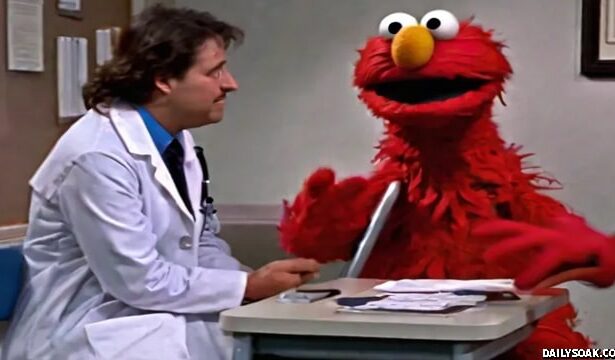 Sesame Street's Elmo talking to a doctor inside a physician's office.