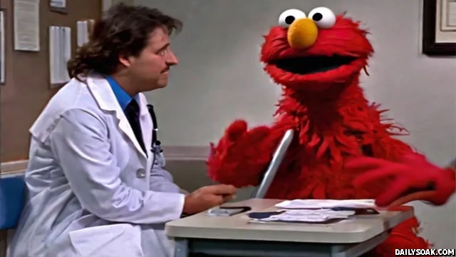 Sesame Street's Elmo talking to a doctor inside a physician's office.